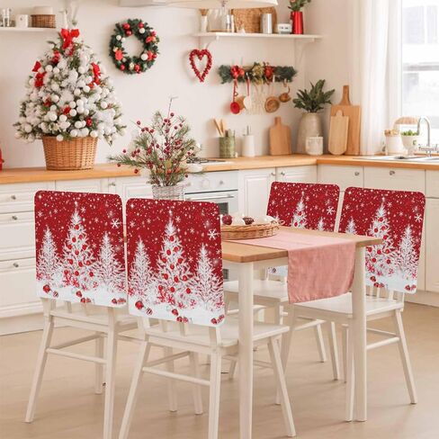 Christmas Tree Chair Back Covers Set of 4, 19x20in, White Xmas Tree Balls Winter Snowflakes Red Removable Dining Seat Cover Washable Kitchen Chair Slipcovers Protective for Christmas Party in Kuwait