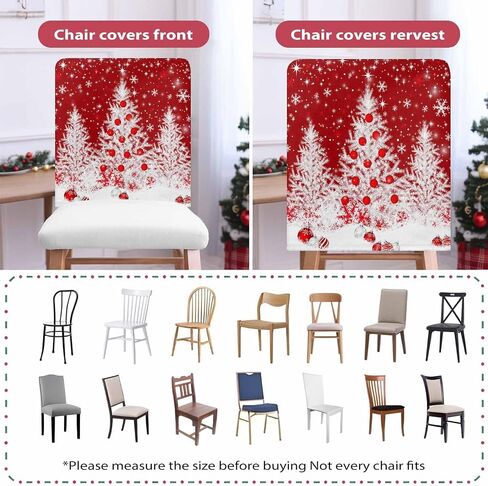 Christmas Tree Chair Back Covers Set of 4, 19x20in, White Xmas Tree Balls Winter Snowflakes Red Removable Dining Seat Cover Washable Kitchen Chair Slipcovers Protective for Christmas Party in Kuwait