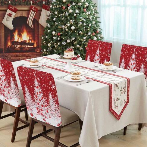Christmas Tree Chair Back Covers Set of 4, 19x20in, White Xmas Tree Balls Winter Snowflakes Red Removable Dining Seat Cover Washable Kitchen Chair Slipcovers Protective for Christmas Party in Kuwait