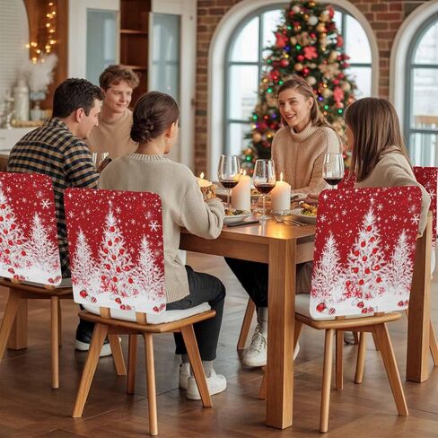 Christmas Tree Chair Back Covers Set of 4, 19x20in, White Xmas Tree Balls Winter Snowflakes Red Removable Dining Seat Cover Washable Kitchen Chair Slipcovers Protective for Christmas Party in Kuwait