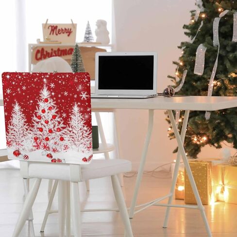 Christmas Tree Chair Back Covers Set of 4, 19x20in, White Xmas Tree Balls Winter Snowflakes Red Removable Dining Seat Cover Washable Kitchen Chair Slipcovers Protective for Christmas Party in Kuwait