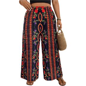 MakeMeChic Women's Plus Size Floral Palazzo Pants Elastic Waist Wide Leg Tropical Print Summer Trousers in Kuwait