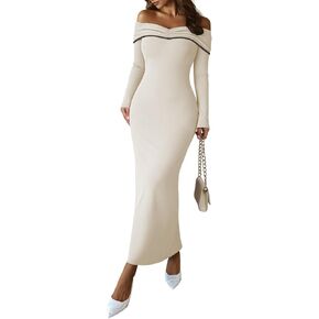 HUUSA Off The Shoulder Dress for Women 2025 Long Sleeve Bodycon Sexy Party Maxi Color Block Dresses in Kuwait