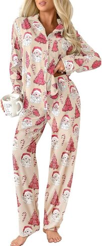 Ecosunny Christmas Santa Pajama Set Women's Long Sleeve Sleepwear Soft Loungewear Two Piece Button Down Pjs Lounge Set in Kuwait