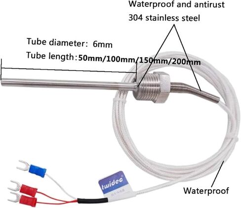 PT100 Temperature Sensor Probe 3 Wire Temperature Controller -200~250℃ Waterproof and Antirust 304 Stainless Steel Thermocouple(PT100 Lead Length 3m,150mm) in Saudi Arabia