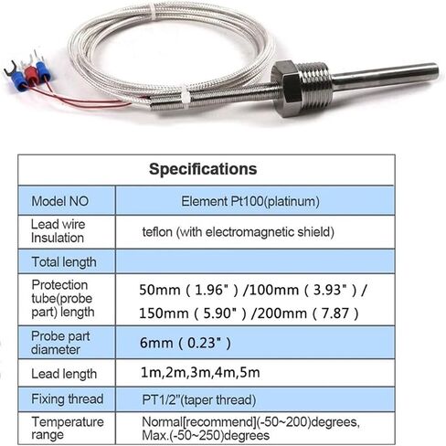 PT100 Temperature Sensor Probe 3 Wire Temperature Controller -200~250℃ Waterproof and Antirust 304 Stainless Steel Thermocouple(PT100 Lead Length 3m,150mm) in Saudi Arabia