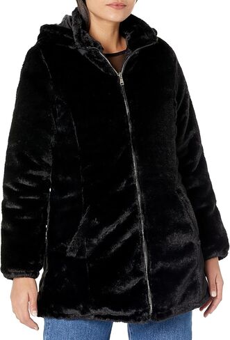 YMI Women's Junior Reversible Faux Fur Puffer Jacket, BLKNA, L in Kuwait