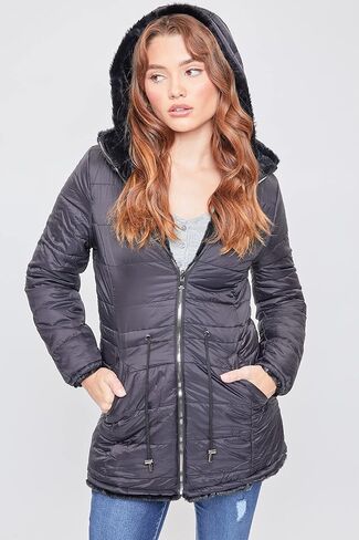 YMI Women's Junior Reversible Faux Fur Puffer Jacket, BLKNA, L in Kuwait
