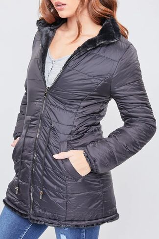 YMI Women's Junior Reversible Faux Fur Puffer Jacket, BLKNA, L in Kuwait