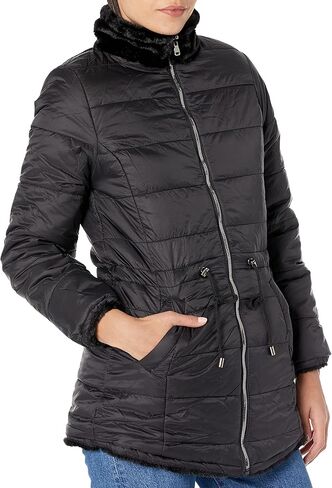 YMI Women's Junior Reversible Faux Fur Puffer Jacket, BLKNA, L in Kuwait