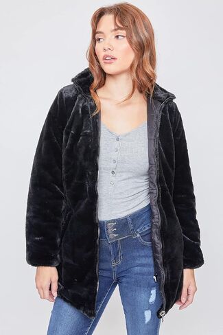 YMI Women's Junior Reversible Faux Fur Puffer Jacket, BLKNA, L in Kuwait