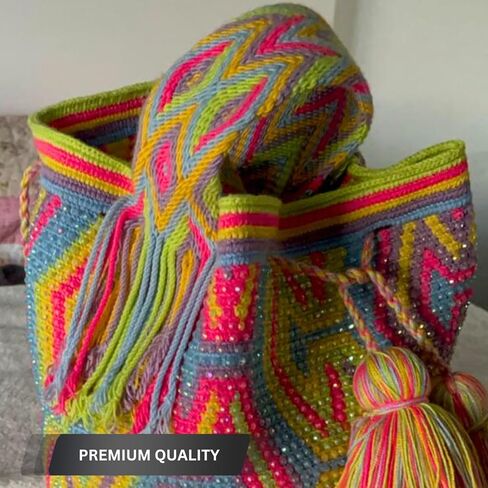 SANATY أصلية Mochila WAYUU بأحجار الراين، مصنوعة يدويًا 100% من كولومبيا، حقيبة كروس، تصميم جميل، جودة ممتازة in Kuwait