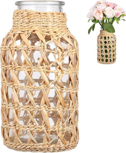 Cabilock Woven Rattan Vase for Flowers, Decorative Flower Arrangement Container, Boho Style Cane Glass Floral Vase Desktop Decor for Home, Desk, Dining Table, Living Room, S in Saudi Arabia