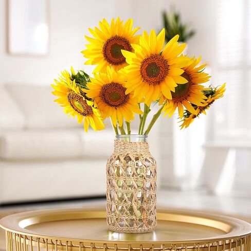 Cabilock Woven Rattan Vase for Flowers, Decorative Flower Arrangement Container, Boho Style Cane Glass Floral Vase Desktop Decor for Home, Desk, Dining Table, Living Room, S in Saudi Arabia