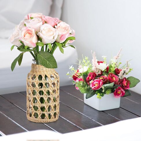 Cabilock Woven Rattan Vase for Flowers, Decorative Flower Arrangement Container, Boho Style Cane Glass Floral Vase Desktop Decor for Home, Desk, Dining Table, Living Room, S in Saudi Arabia