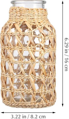 Cabilock Woven Rattan Vase for Flowers, Decorative Flower Arrangement Container, Boho Style Cane Glass Floral Vase Desktop Decor for Home, Desk, Dining Table, Living Room, S in Saudi Arabia