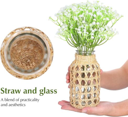 Cabilock Woven Rattan Vase for Flowers, Decorative Flower Arrangement Container, Boho Style Cane Glass Floral Vase Desktop Decor for Home, Desk, Dining Table, Living Room, S in Saudi Arabia