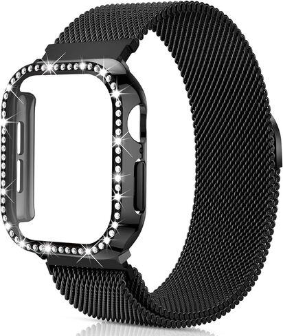 حلقة شبكة مع علبة بلينغ متوافقة مع Apple Watch Band 38mm 40mm 41mm 42mm 44mm 45mm 46mm ، حزام معدني من الفولاذ المقاوم للصدأ مع غطاء لـ Iwatch Series 10 9 8 7 6 5 4 3 2 1 SE in Kuwait