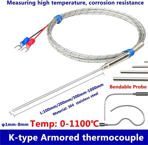 K-Type Armored thermocouple WRNK-191 Temperature Sensor 1mm 1.5mm 2mm 3mm 4mm 5mm 6mm 8mm thermocouple Probe Temperature 1100 ℃(Probe diam 4X100mm) in Saudi Arabia