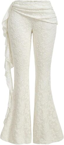 Floerns Women's Floral Lace Bell Bottom Pants Ruched Ruffle Low Waist Flared Trousers in Saudi Arabia