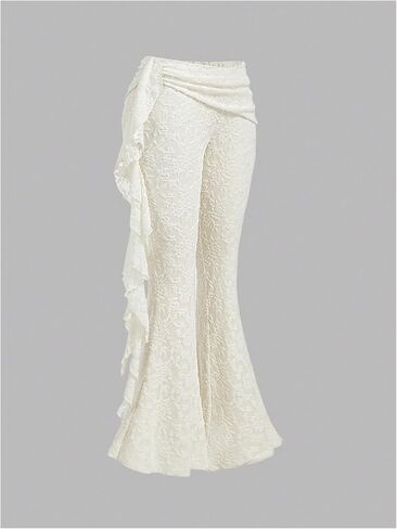 Floerns Women's Floral Lace Bell Bottom Pants Ruched Ruffle Low Waist Flared Trousers in Saudi Arabia