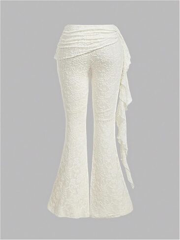 Floerns Women's Floral Lace Bell Bottom Pants Ruched Ruffle Low Waist Flared Trousers in Saudi Arabia