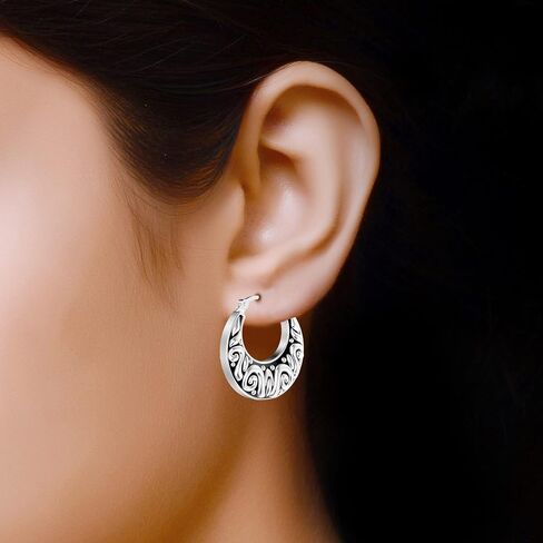 LeCalla Sterling Silver Jewelry Light-Weight Click-Top Antique Filigree Hoop Earrings for Women in Saudi Arabia
