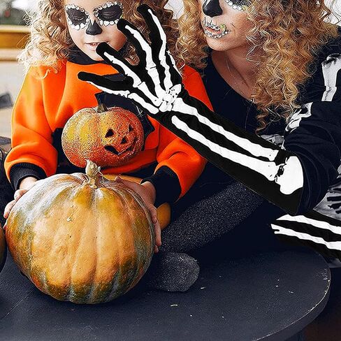 Skeleton Gloves Elastic Knitted Full Finger Long Arm Hand Warmer Black White Bone Unisex Warm Halloween Party Supplies in Saudi Arabia