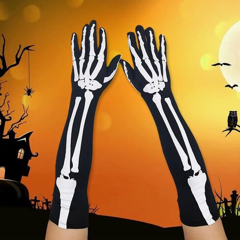 Skeleton Gloves Elastic Knitted Full Finger Long Arm Hand Warmer Black White Bone Unisex Warm Halloween Party Supplies in Saudi Arabia