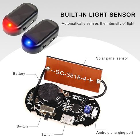 Car Solar Power Simulated Dummy Alarm, Anti-Theft Simulated Warning Light with USB Charger Port, LED Flashing Security Light Alarm Light for Most Cars, Car Accessories (Red+Blue, 2PCS) in Kuwait