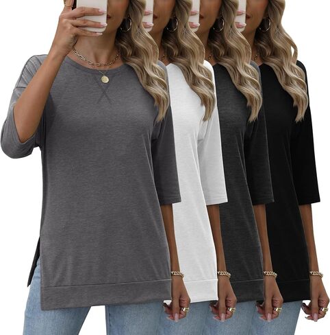 4 Pack 3/4 Sleeve Tunic Tops for Women Side Slit T Shirts Round Neck Loose Fit Casual Basic Tunics Wear with Leggings in Saudi Arabia
