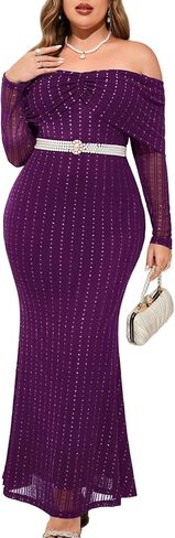 CYCLAMEN Plus Size Off The Shoulder Sparkly Dress Long Sleeve Mermaid Maxi Evening Gown Cocktail Party Wedding Guest in Kuwait