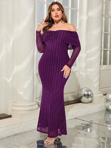 CYCLAMEN Plus Size Off The Shoulder Sparkly Dress Long Sleeve Mermaid Maxi Evening Gown Cocktail Party Wedding Guest in Kuwait