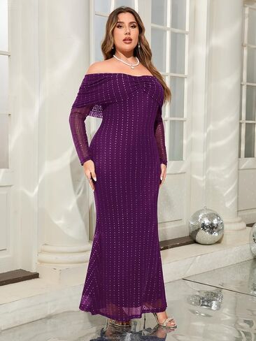 CYCLAMEN Plus Size Off The Shoulder Sparkly Dress Long Sleeve Mermaid Maxi Evening Gown Cocktail Party Wedding Guest in Kuwait