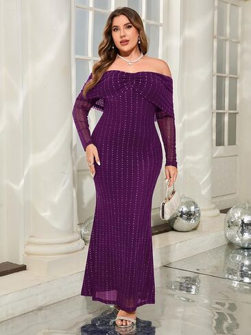 CYCLAMEN Plus Size Off The Shoulder Sparkly Dress Long Sleeve Mermaid Maxi Evening Gown Cocktail Party Wedding Guest in Kuwait
