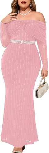 CYCLAMEN Plus Size Off The Shoulder Sparkly Dress Long Sleeve Mermaid Maxi Evening Gown Cocktail Party Wedding Guest in Kuwait