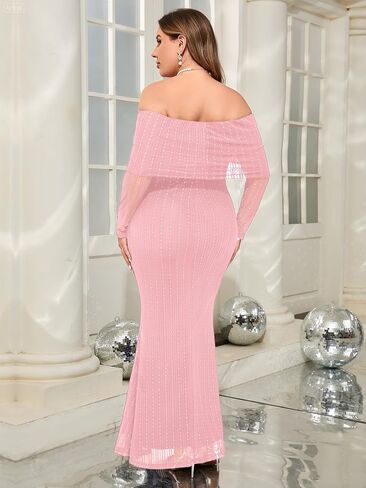 CYCLAMEN Plus Size Off The Shoulder Sparkly Dress Long Sleeve Mermaid Maxi Evening Gown Cocktail Party Wedding Guest in Kuwait