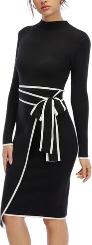 Long Sleeve Sweater Dress for Women Turtle Neck Bow Dresses for Women Bodycon Work Midi Dresses Old Money Fall Winter in Saudi Arabia