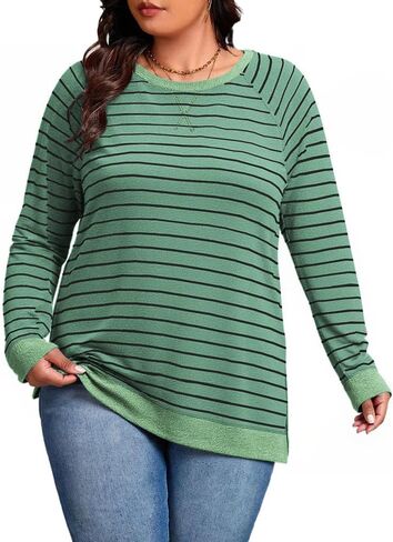 Womens Plus Size Sweatshirts Striped Color Block Tops Casual Raglan Long Sleeve Shirts Side Split Hem Tunics in Saudi Arabia