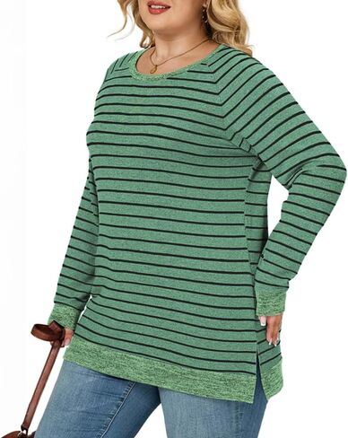 Womens Plus Size Sweatshirts Striped Color Block Tops Casual Raglan Long Sleeve Shirts Side Split Hem Tunics in Saudi Arabia