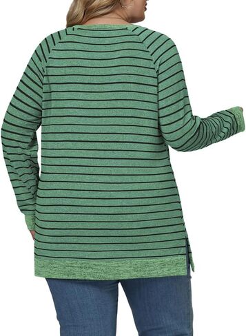 Womens Plus Size Sweatshirts Striped Color Block Tops Casual Raglan Long Sleeve Shirts Side Split Hem Tunics in Saudi Arabia