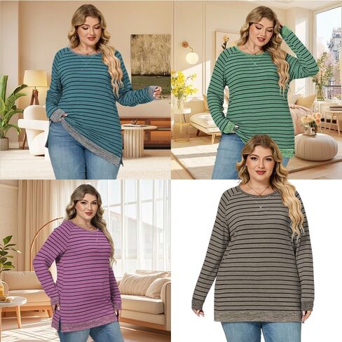 Womens Plus Size Sweatshirts Striped Color Block Tops Casual Raglan Long Sleeve Shirts Side Split Hem Tunics in Saudi Arabia