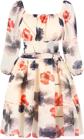 PUKAVT فساتين الصيف النسائية 2025 رابطة عنق مربعة الظهر 3/4 كم فانوس فستان قصير شيفون عتيق in Kuwait