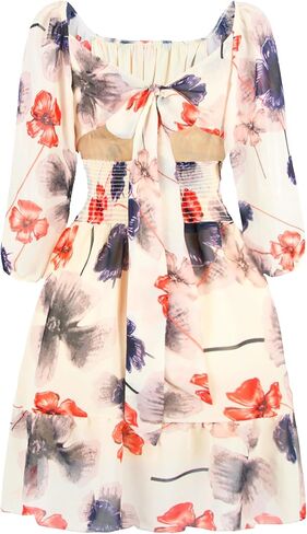 PUKAVT فساتين الصيف النسائية 2025 رابطة عنق مربعة الظهر 3/4 كم فانوس فستان قصير شيفون عتيق in Kuwait