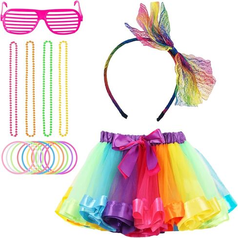 80s Fancy Dress Costumes Accessories, Women Rainbow Tulle Tutu Skirts,Fishnet Gloves Lace Headbands Neon Sunglasses for 80s Party Supplies in Kuwait