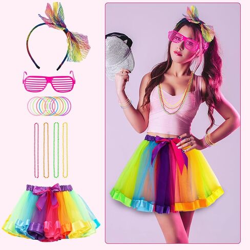 80s Fancy Dress Costumes Accessories, Women Rainbow Tulle Tutu Skirts,Fishnet Gloves Lace Headbands Neon Sunglasses for 80s Party Supplies in Kuwait