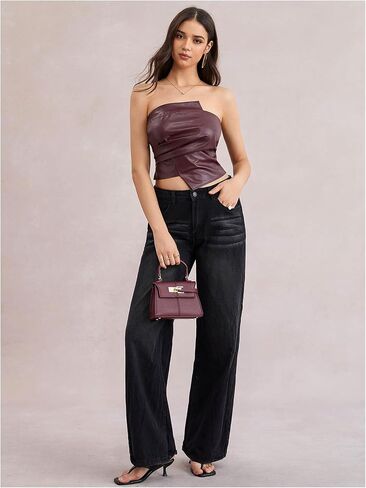 Milumia Women's Ruched PU Leather Tube Tops Strapless Asymmetrical Hem Party Club Top in Saudi Arabia