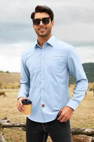 Mens Oxford Dress Shirts Solid Long Sleeve Button Down Shirts Casual Regular Fit Work Shirts with 2 Pockets in Saudi Arabia