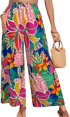 MakeMeChic Women's Plus Size Floral Palazzo Pants Elastic Waist Wide Leg Tropical Print Summer Trousers in Saudi Arabia