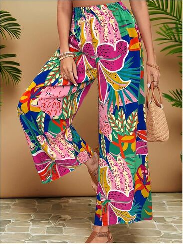 MakeMeChic Women's Plus Size Floral Palazzo Pants Elastic Waist Wide Leg Tropical Print Summer Trousers in Saudi Arabia